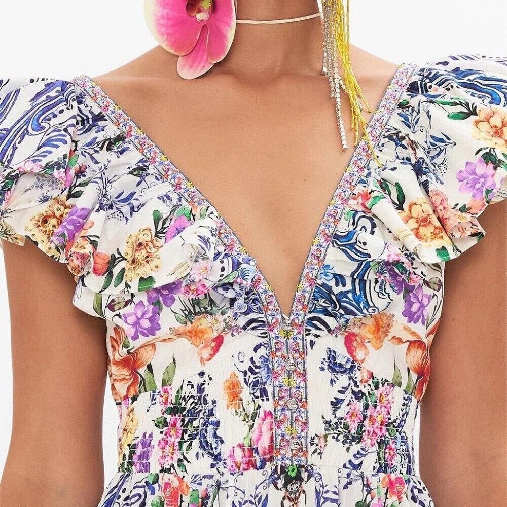 CAMILLA "Dutch Is Life" Tiered Frill V-Neck Open Back Maxi Cotton Dress, L $899 - Picture 9 of 16